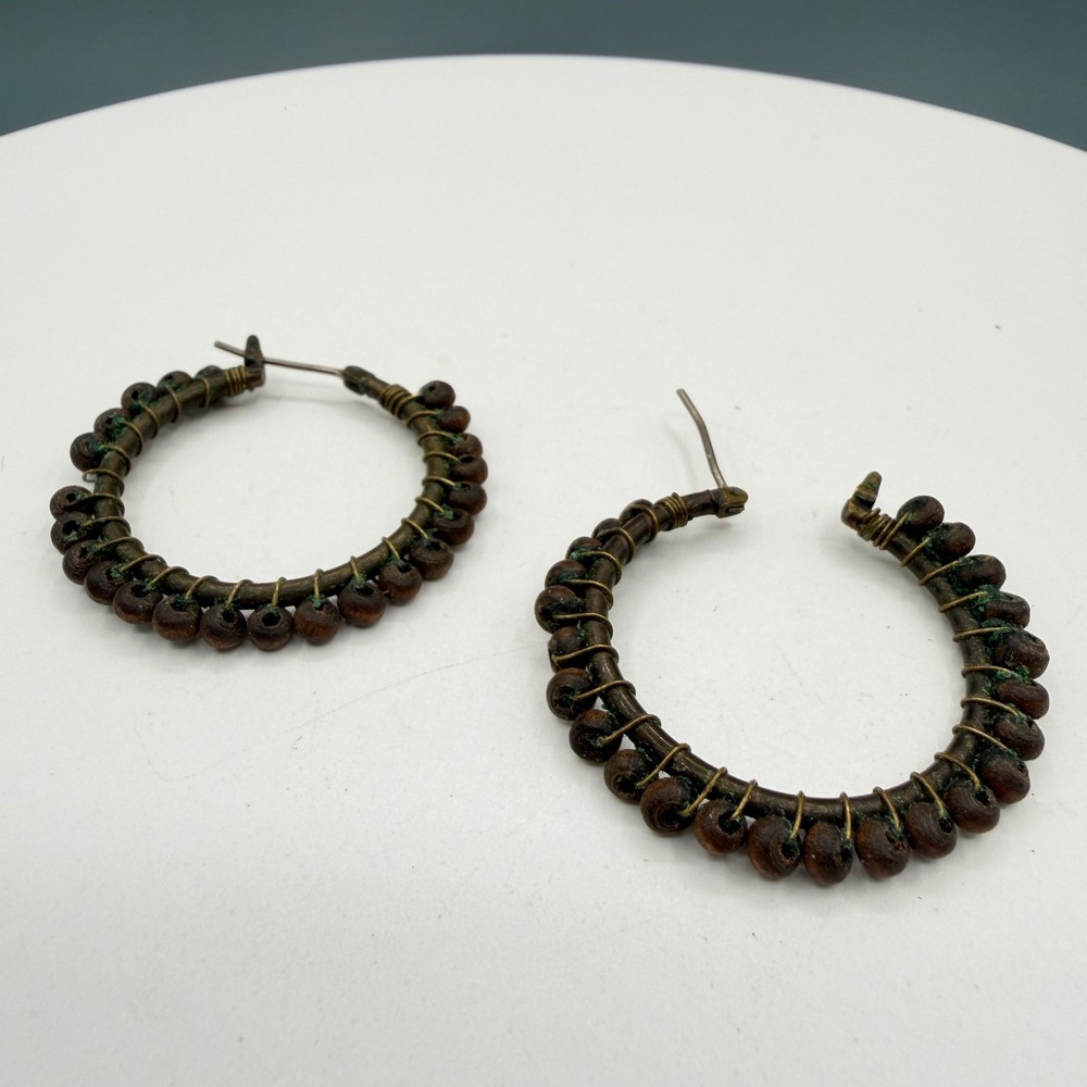Bronze Tone Wooden Bead Hoop Earrings Boho Tribal Festival Statement Vintage